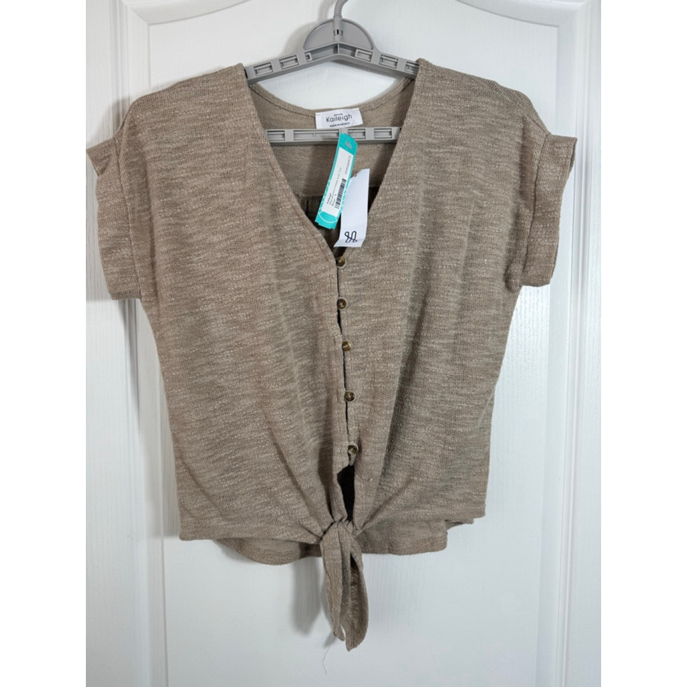 Women's Kaileigh Beige Rika Button Detail Knit Short Sleeve Top S